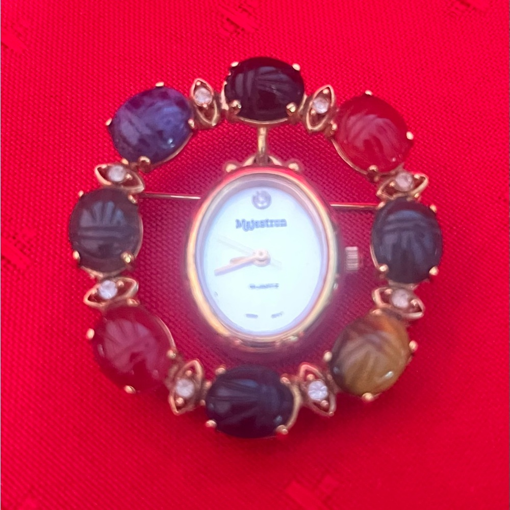 Majestron Japan Quartz Gold and Multicolor Brooch Pendant Watch